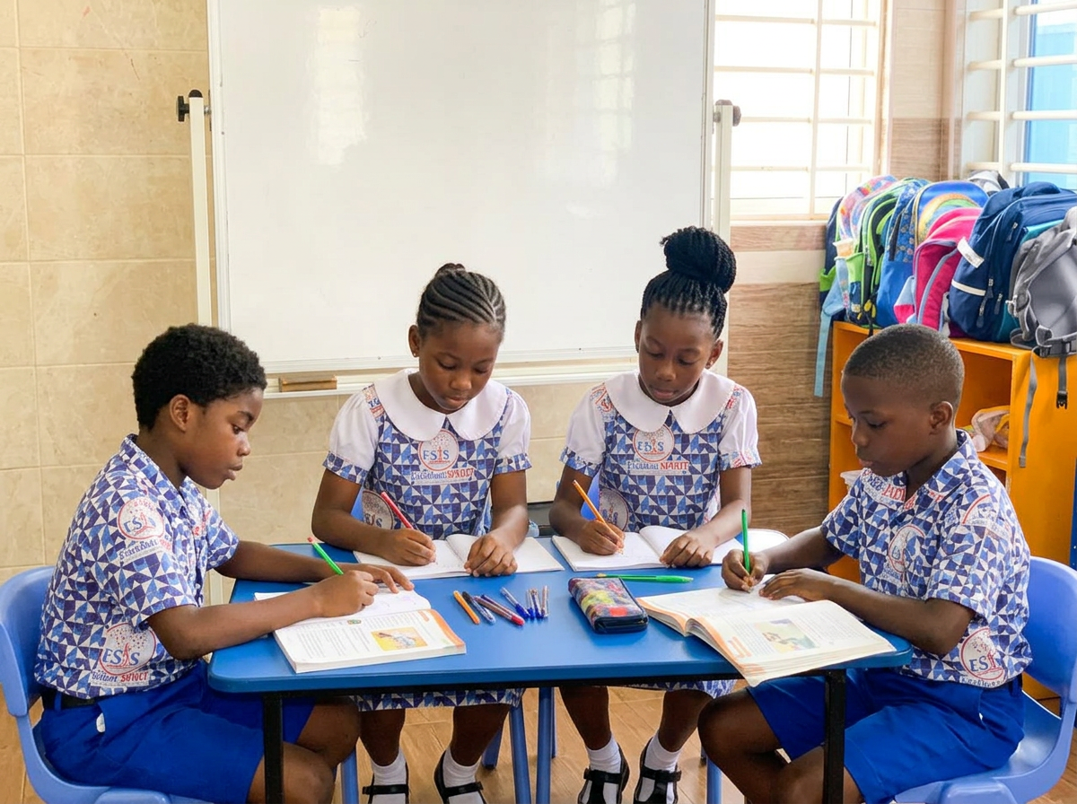 Children working with Montessori learning materials while a teacher guides them