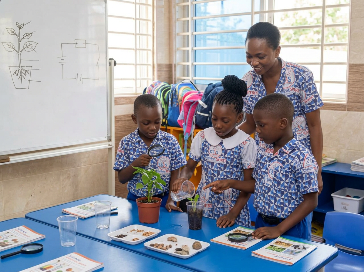 Children examining plants with magnifying glasses in an enquiry-led lesson