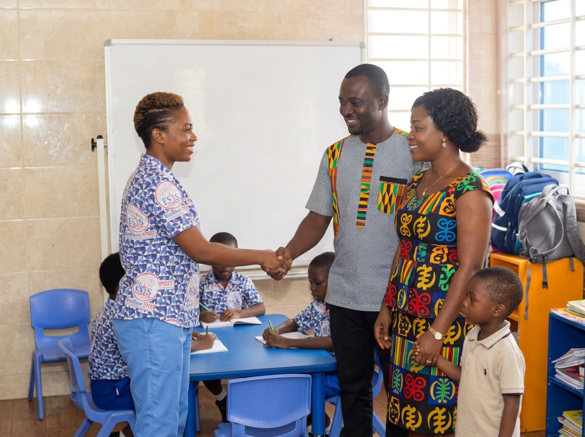 A family being welcomed on a school tour by a member of staff