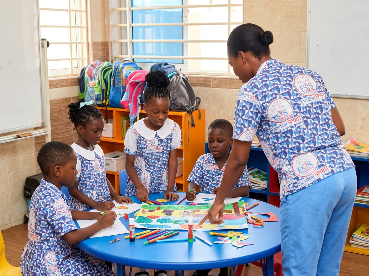 A small group of children working on a project together with their teacher