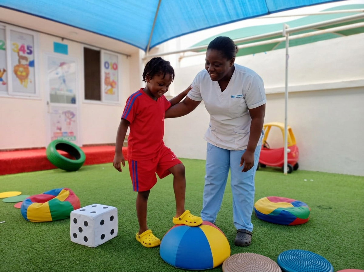 A physiotherapist guiding a child through a balance exercise with therapy equipment